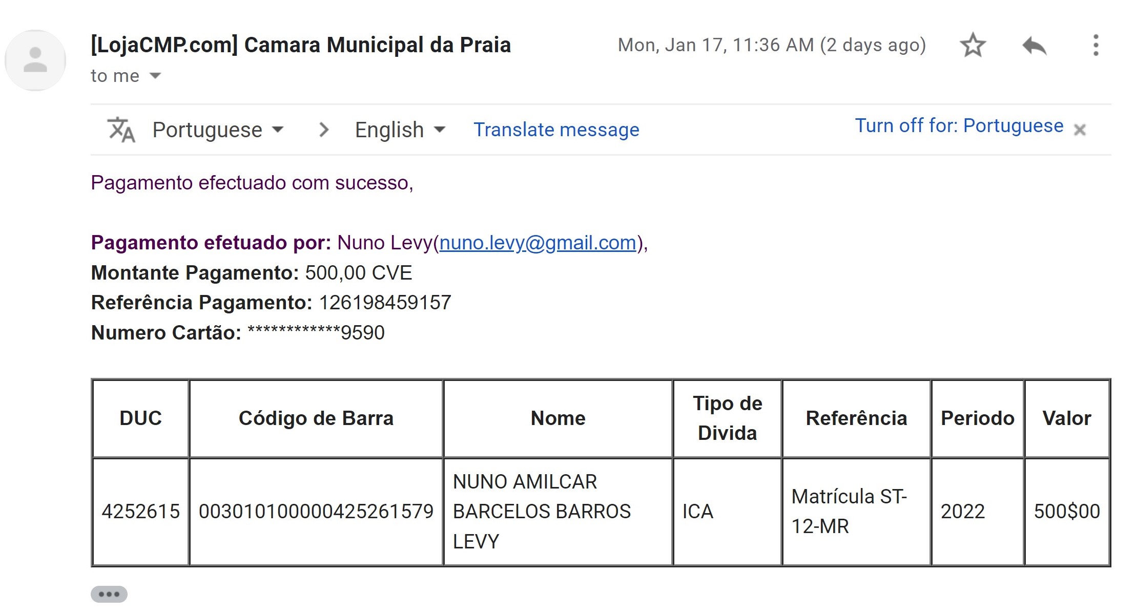 Imagem: exemplo de email de notificação de pagamento do ICA